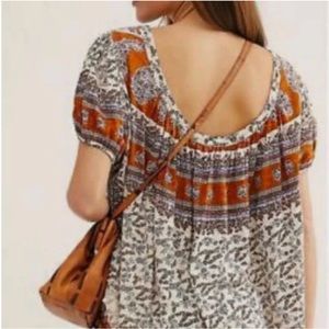 Free People Womens Casual Top Multicolor Floral Short Sleeve Scoop Neck Boho XS